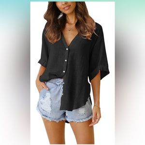 Womens Button Down Linen Shirts V Neck Roll Up Cuffed Sleeve Blouse